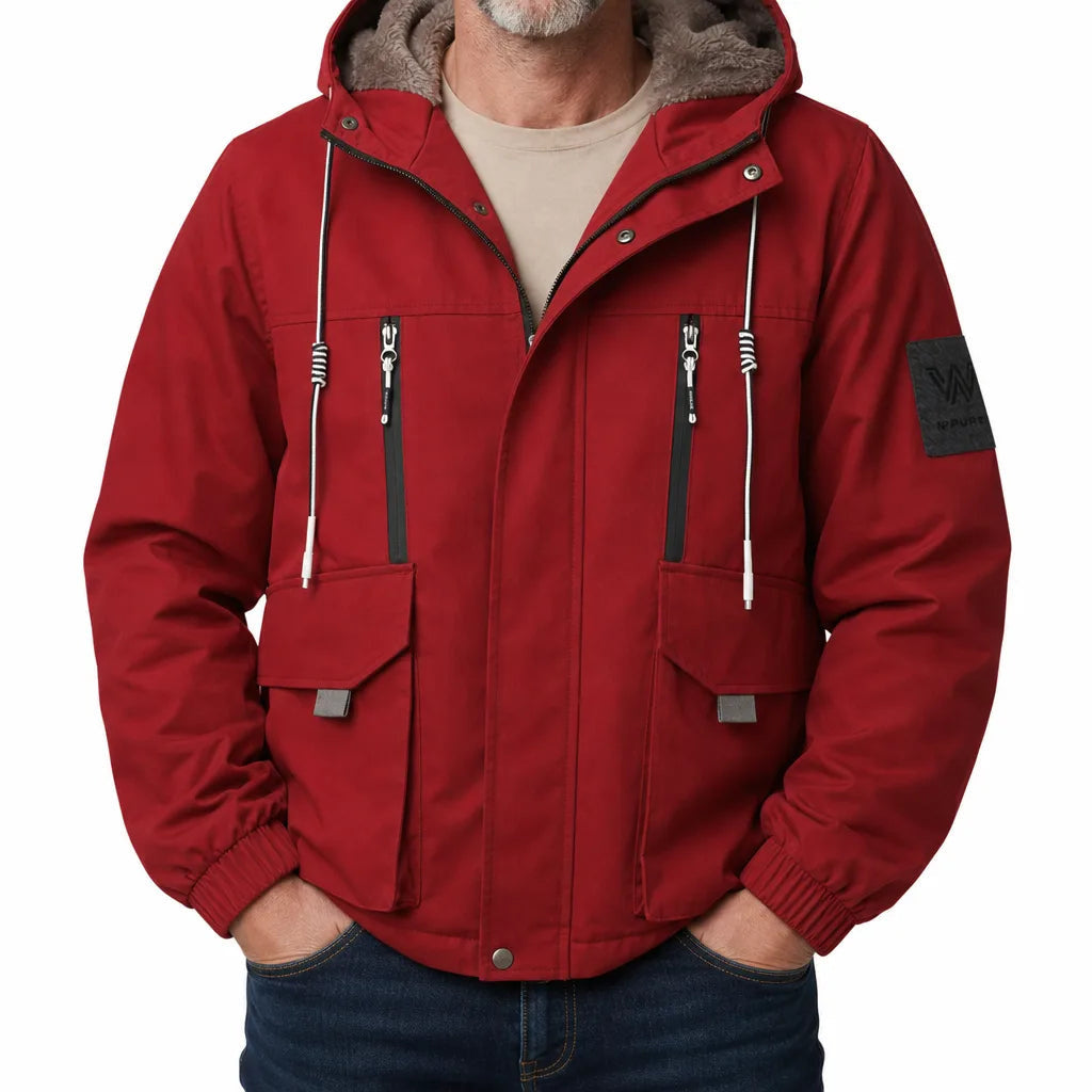 Men's Hooded Jacket with Zip and Flap Front Pockets - Red