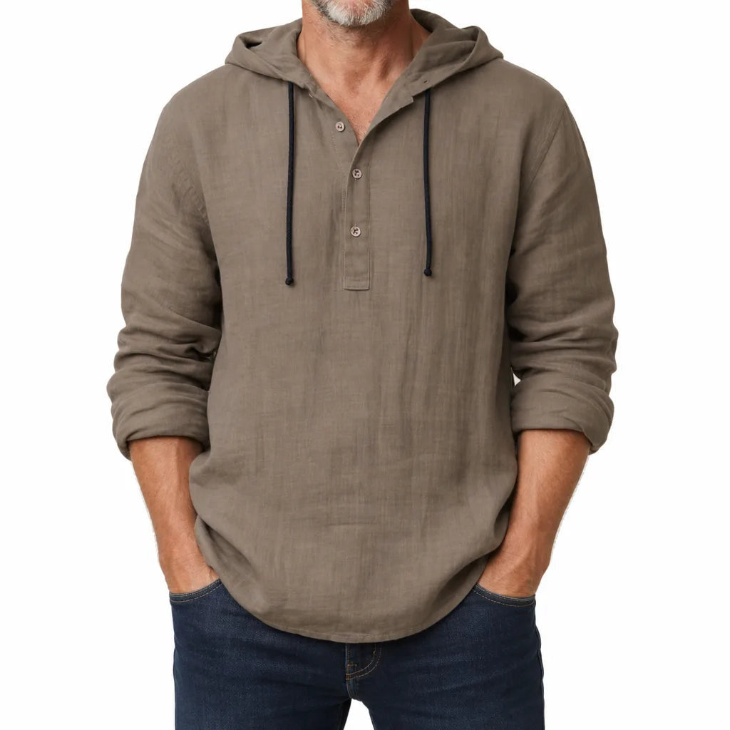 Men's Hooded Long Sleeve Shirt with Button Neck - Brown