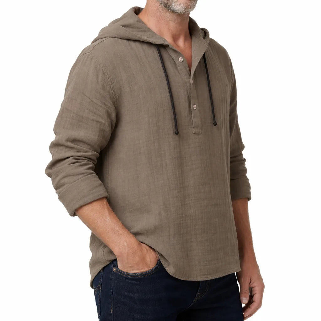 Men's Hooded Long Sleeve Shirt with Button Neck - Brown