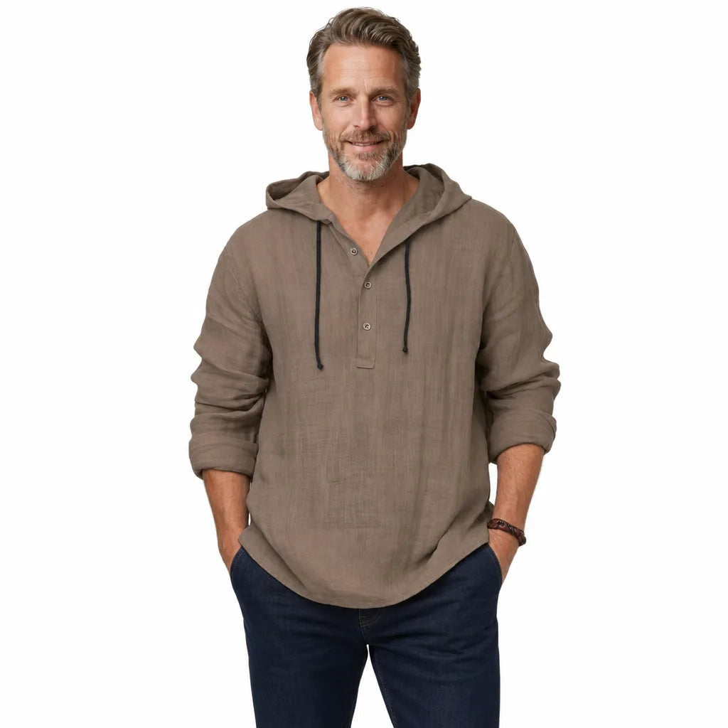 Men's Hooded Long Sleeve Shirt with Button Neck - Brown