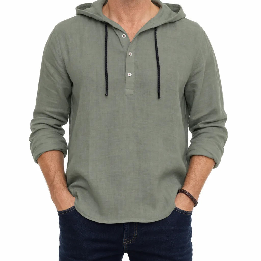Men's Hooded Long Sleeve Shirt with Button Neck - Green