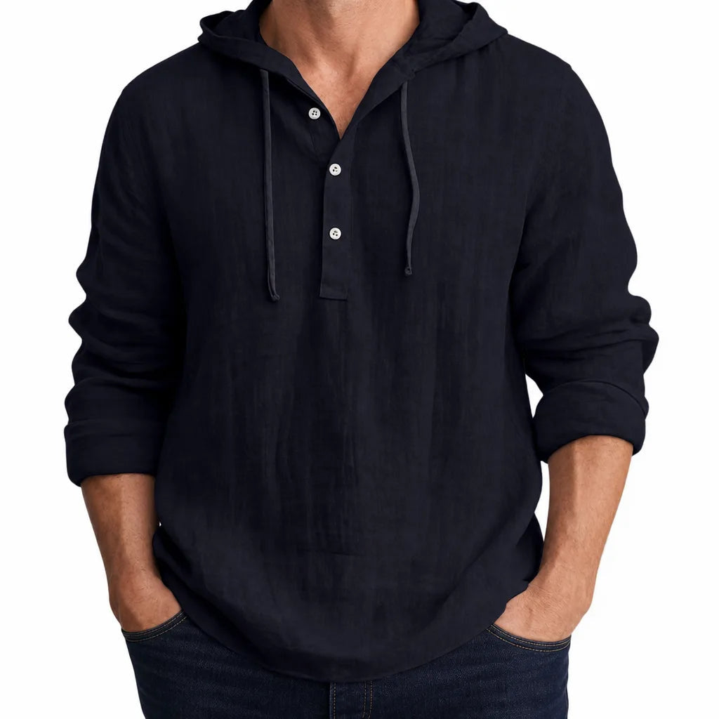 Men's Hooded Long Sleeve Shirt with Button Neck - Black