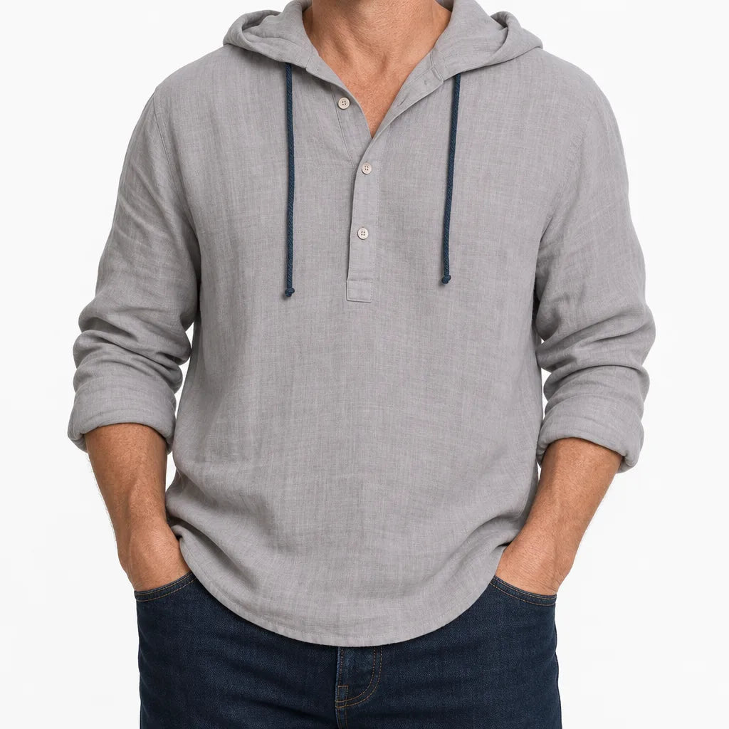 Men's Hooded Long Sleeve Shirt with Button Neck - Gray