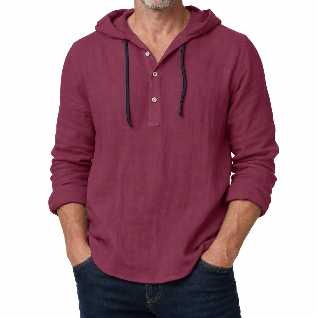 Men's Hooded Long Sleeve Shirt with Button Neck - Red
