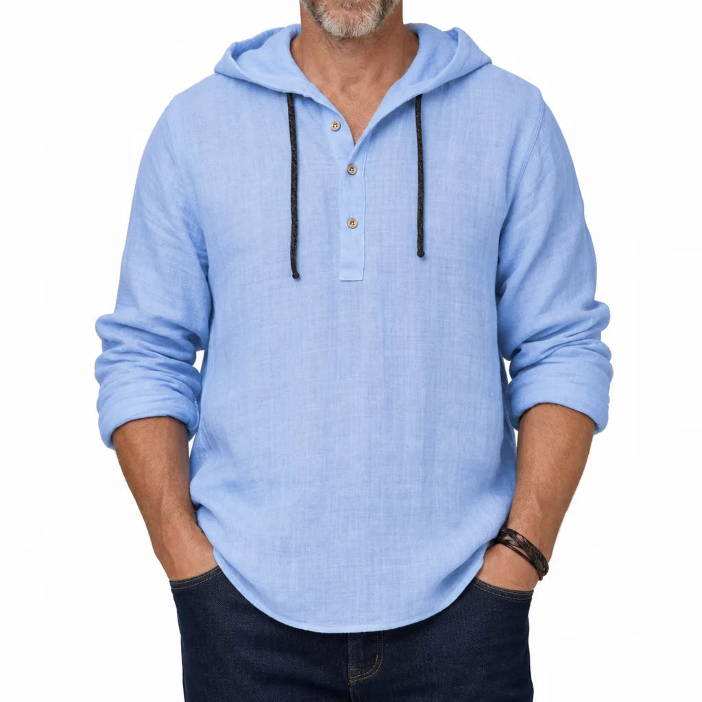Men's Hooded Long Sleeve Shirt with Button Neck - Blue