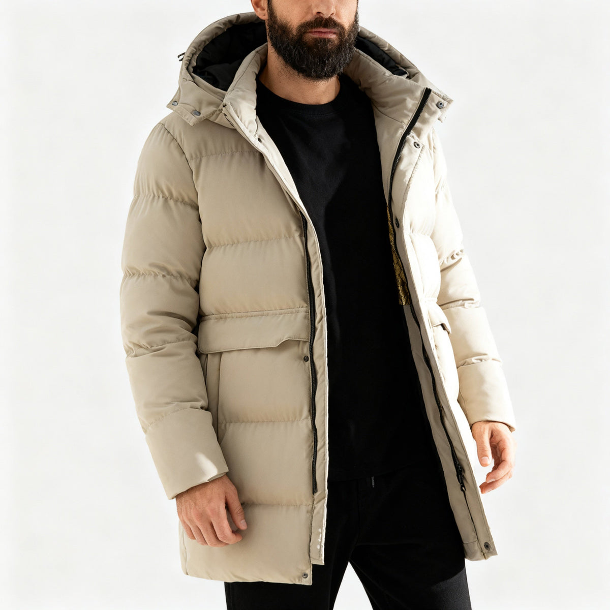 Men's Hooded Puffer Coat with Horizontal Panels - Off-White