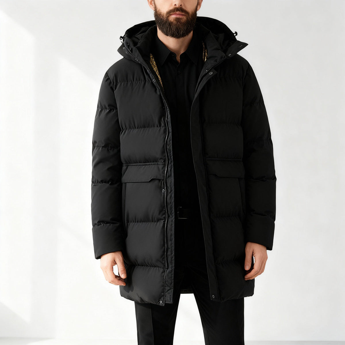 Men's Hooded Puffer Coat with Horizontal Panels - Black