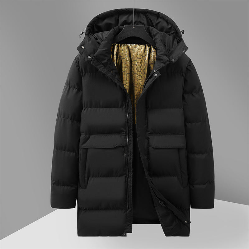 Men's Hooded Puffer Coat with Horizontal Panels - Black