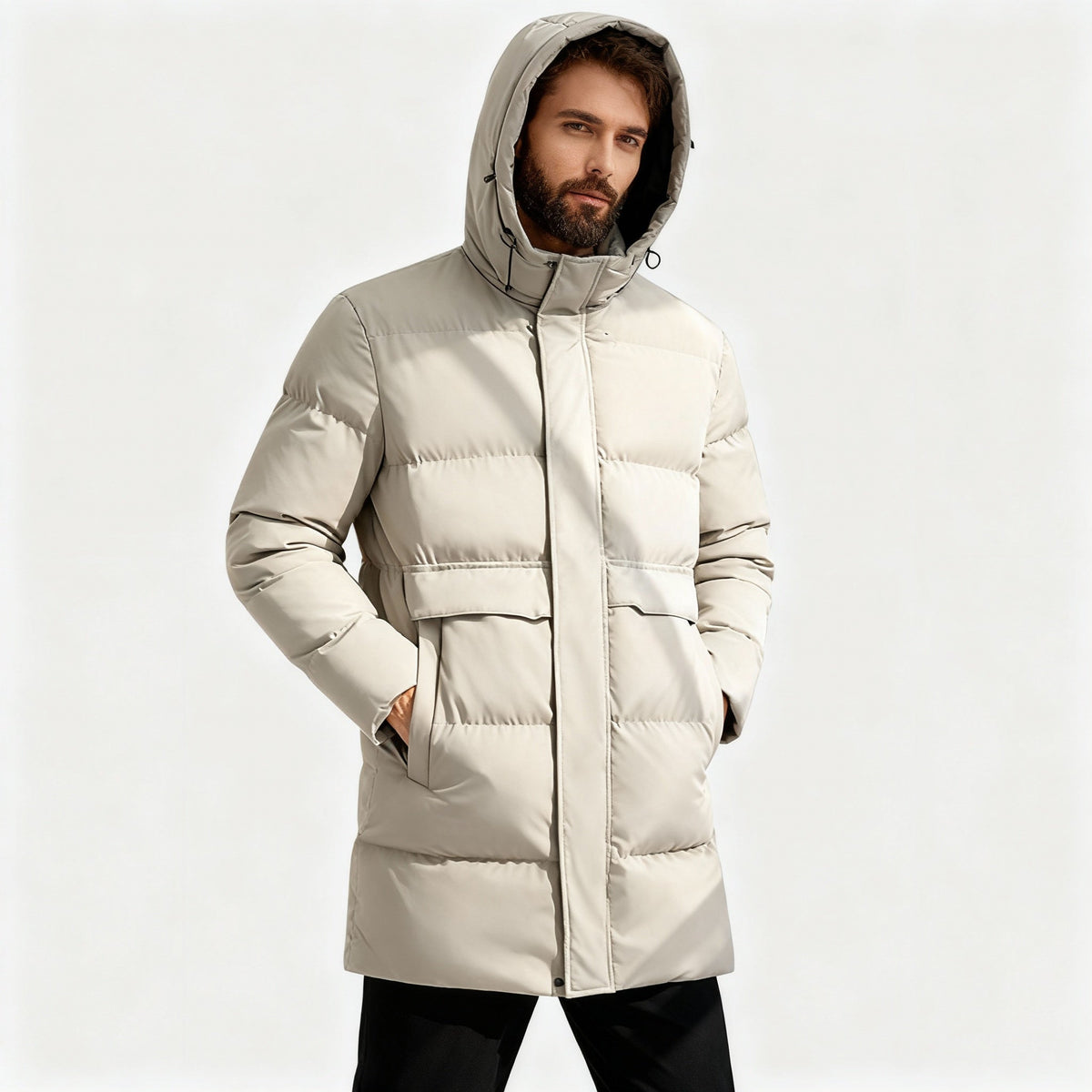 Men's Hooded Puffer Coat with Horizontal Panels - Off-White