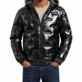 Men's Hooded Puffer Jacket with Glossy Horizontal Panels - Black