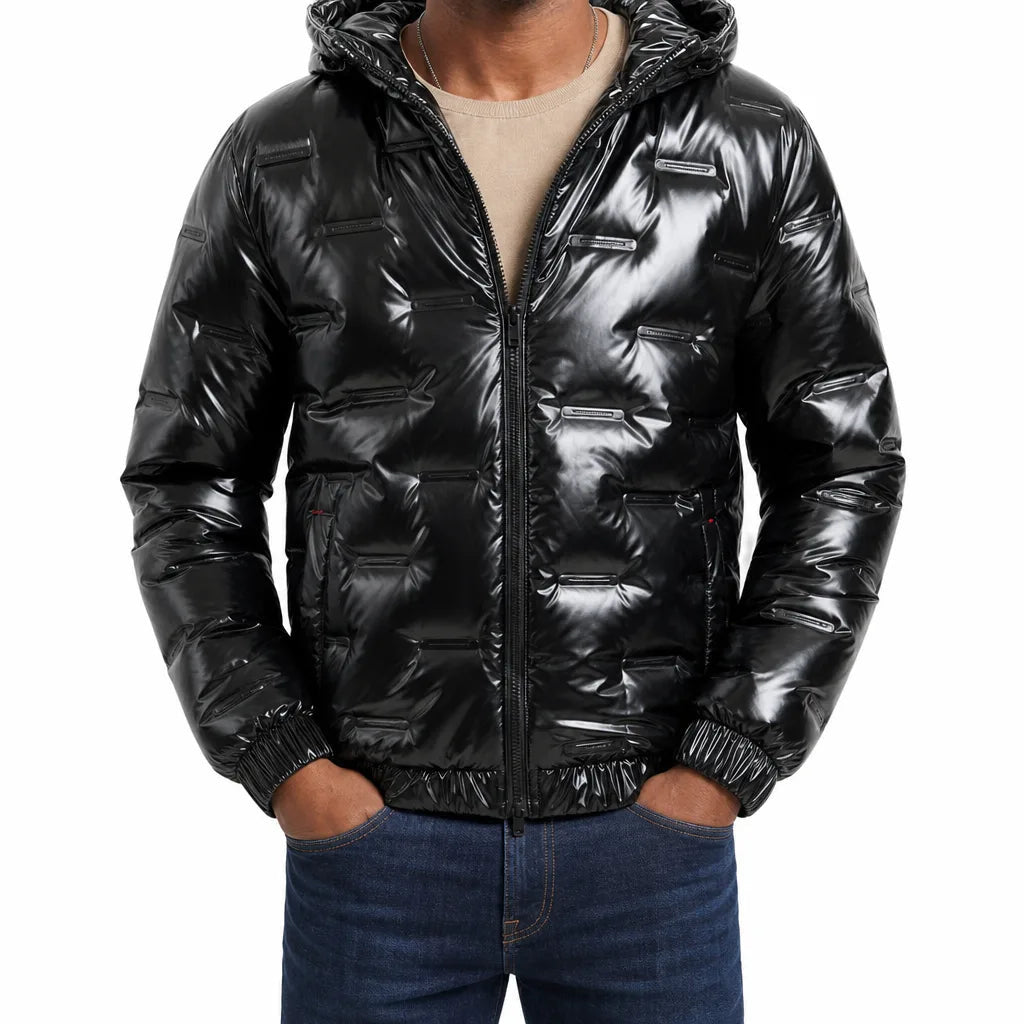 Men's Hooded Puffer Jacket with Glossy Horizontal Panels - Black