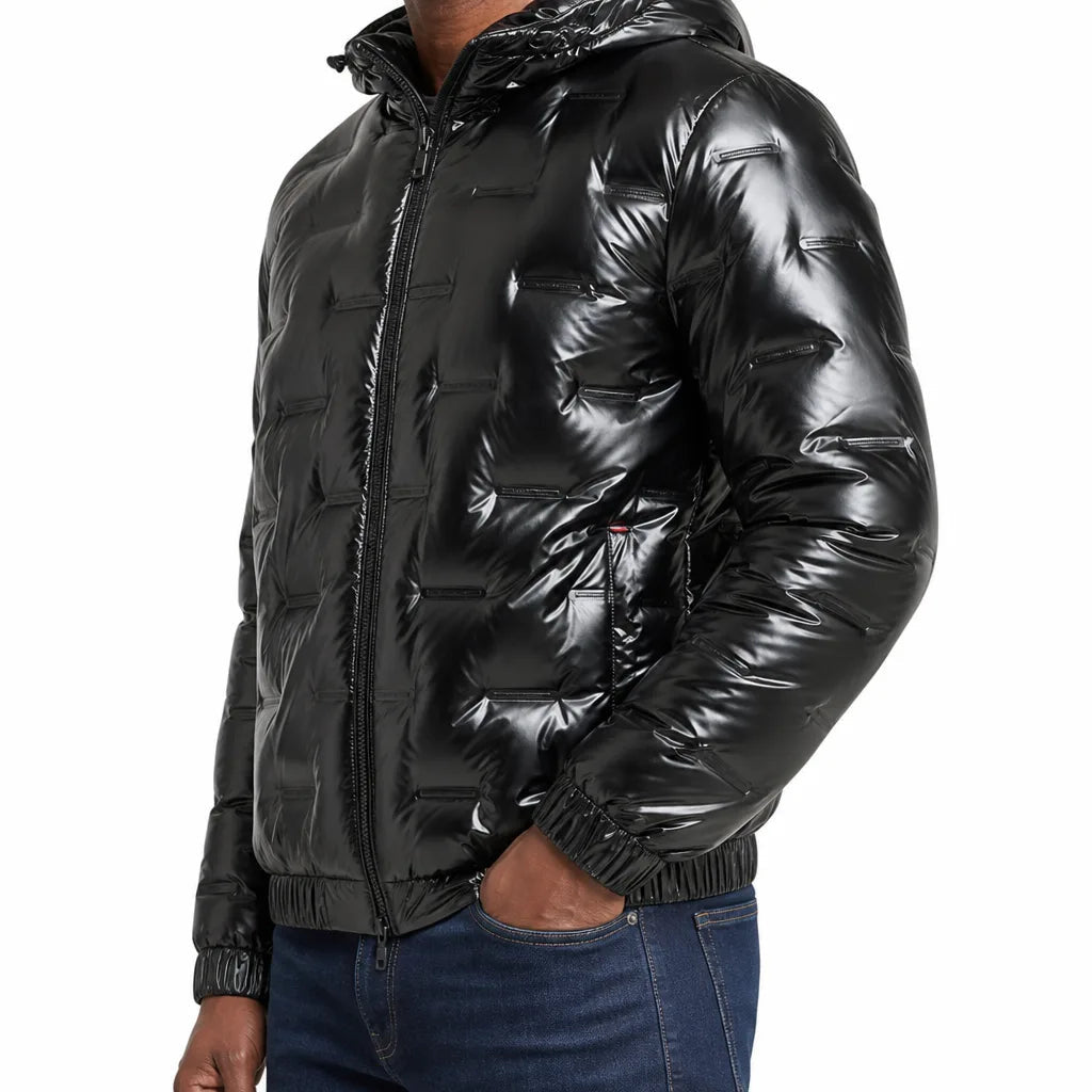 Men's Hooded Puffer Jacket with Glossy Horizontal Panels - Black