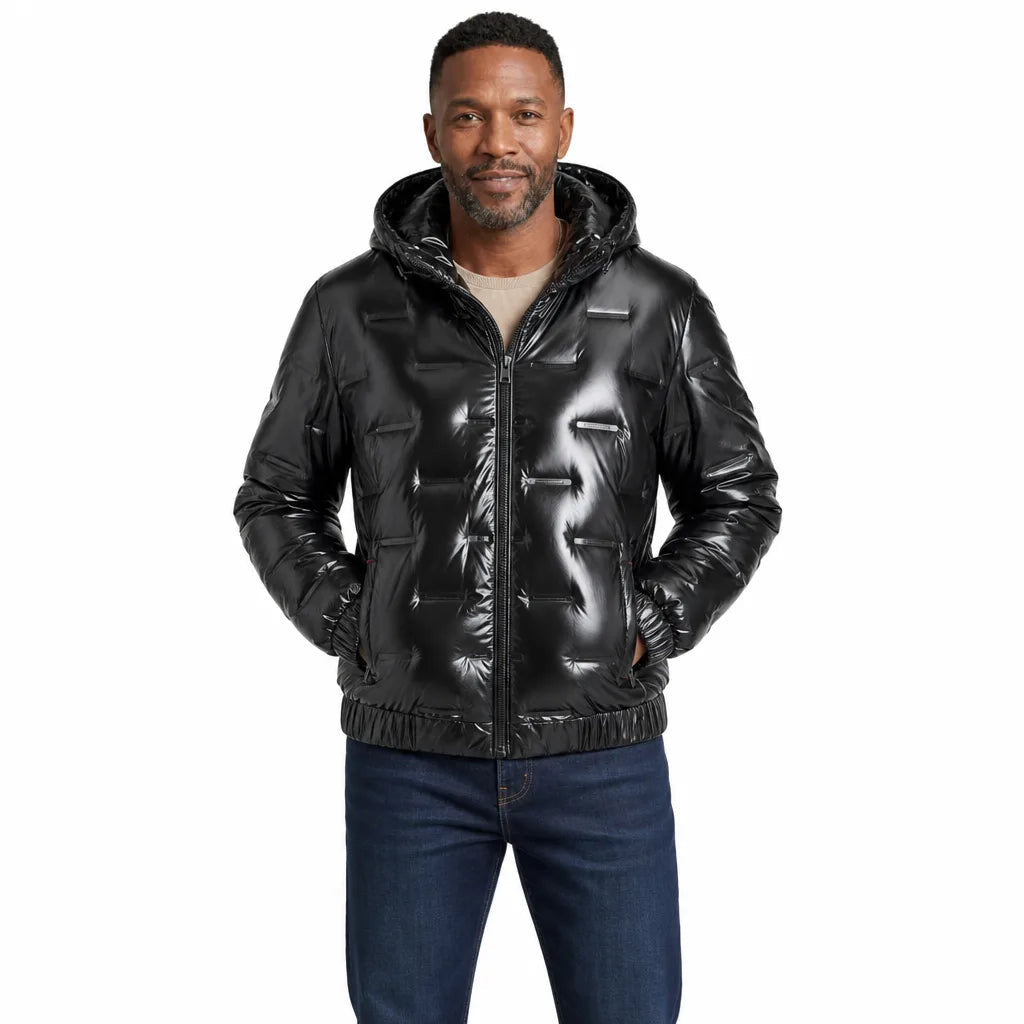Men's Hooded Puffer Jacket with Glossy Horizontal Panels - Black