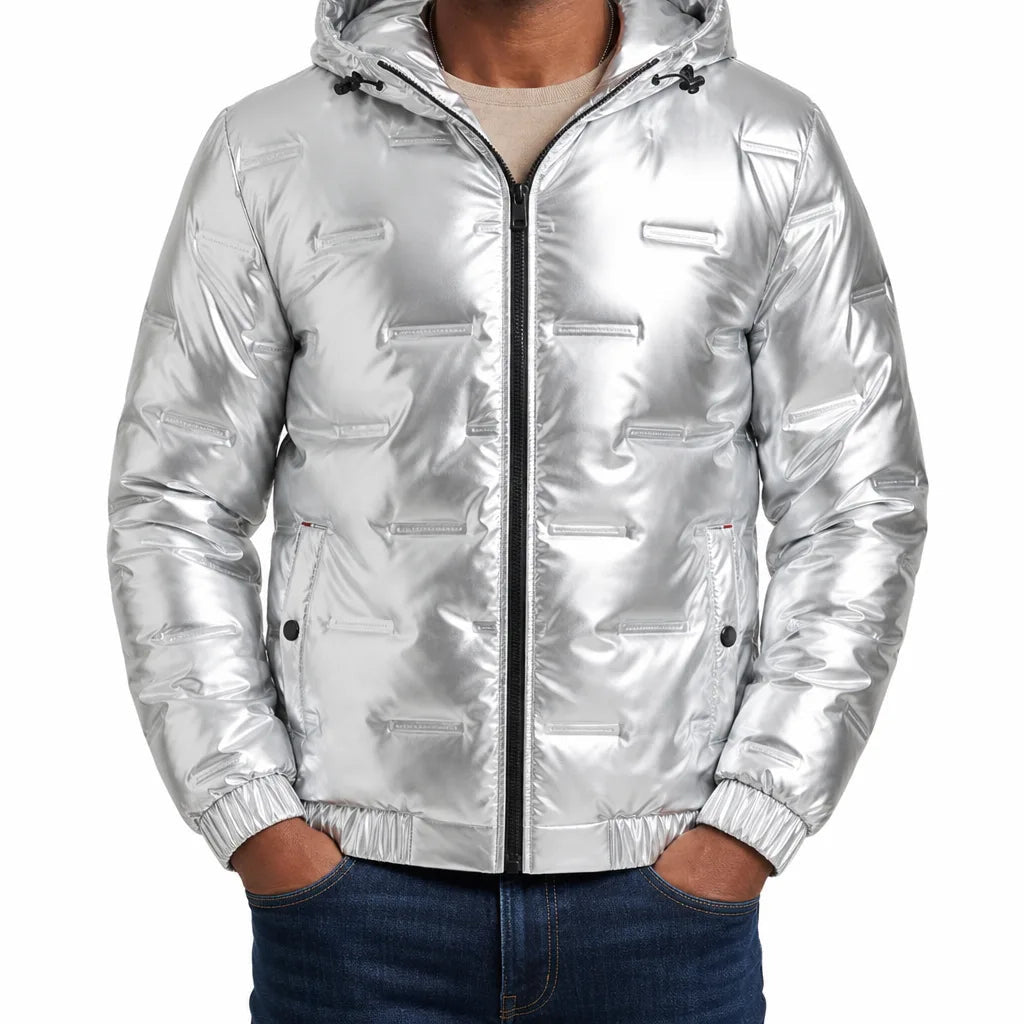 Men's Hooded Puffer Jacket with Glossy Horizontal Panels - Silver