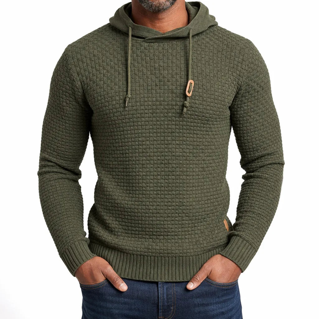 Men's Hooded Textured Sweater with Drawstring Neck - Green