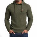Men's Hooded Textured Sweater with Drawstring Neck - Green
