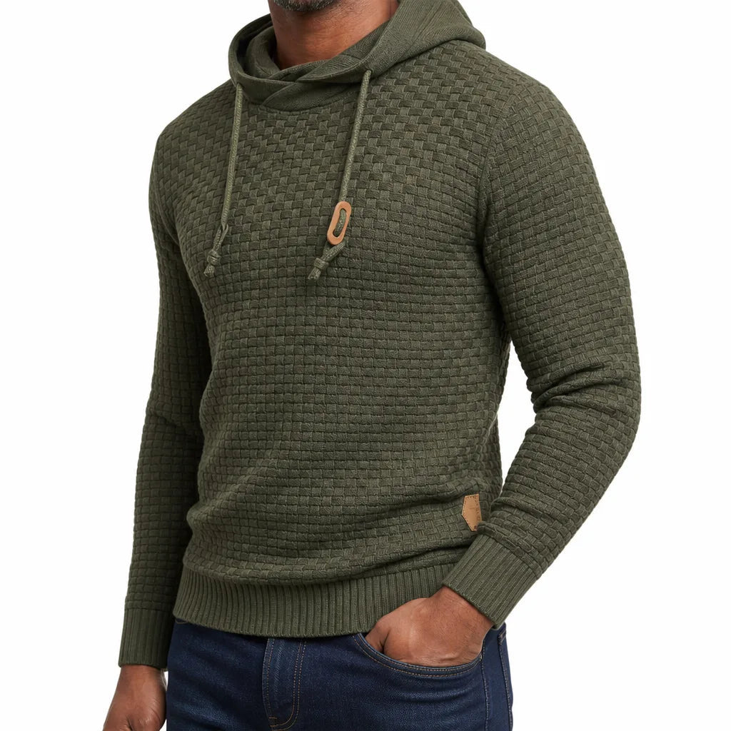 Men's Hooded Textured Sweater with Drawstring Neck - Green