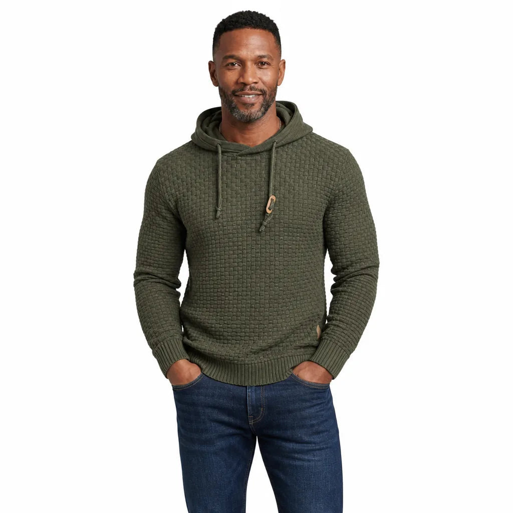 Men's Hooded Textured Sweater with Drawstring Neck - Green