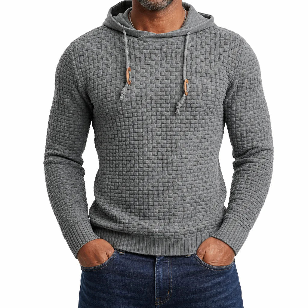 Men's Hooded Textured Sweater with Drawstring Neck - Gray
