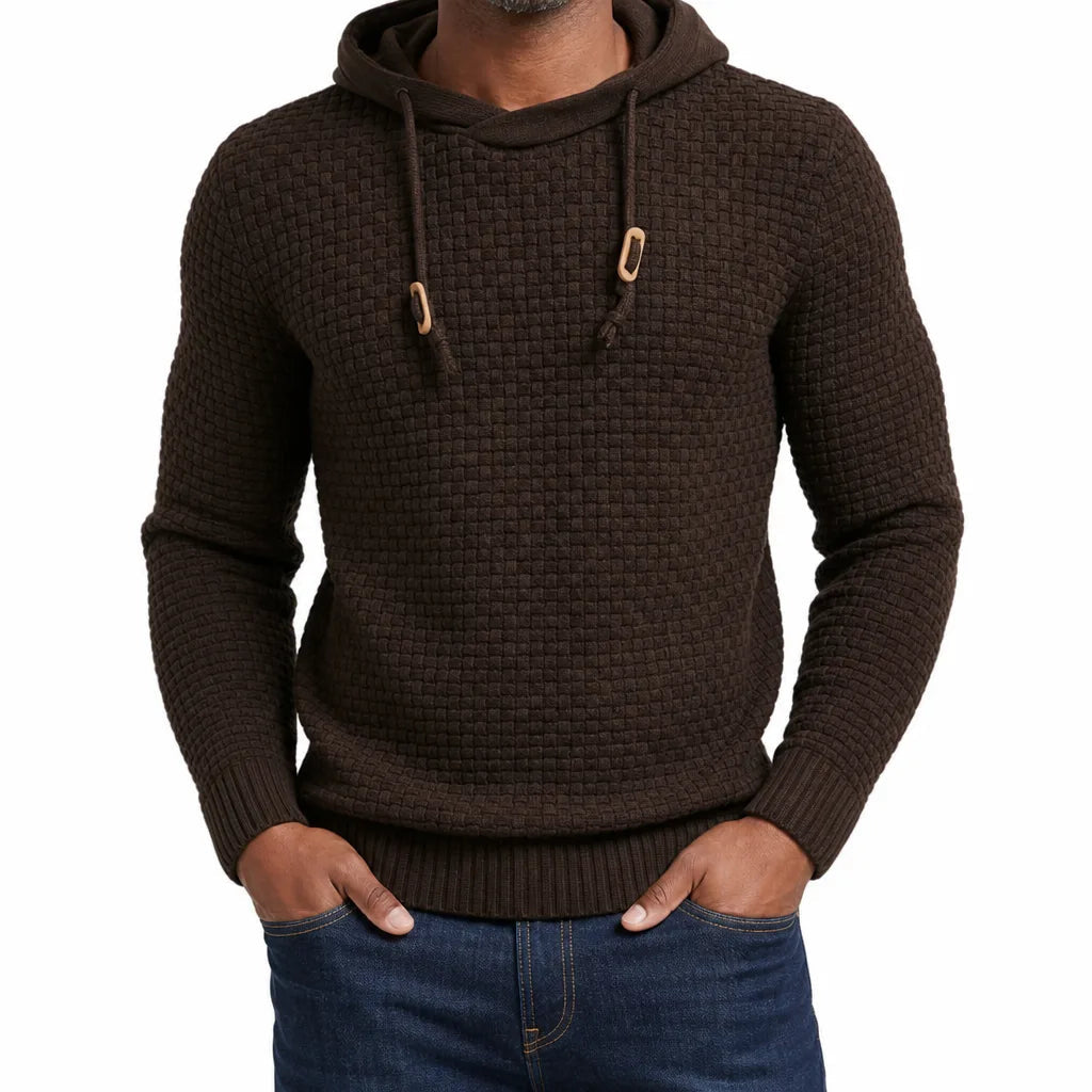 Men's Hooded Textured Sweater with Drawstring Neck - Brown