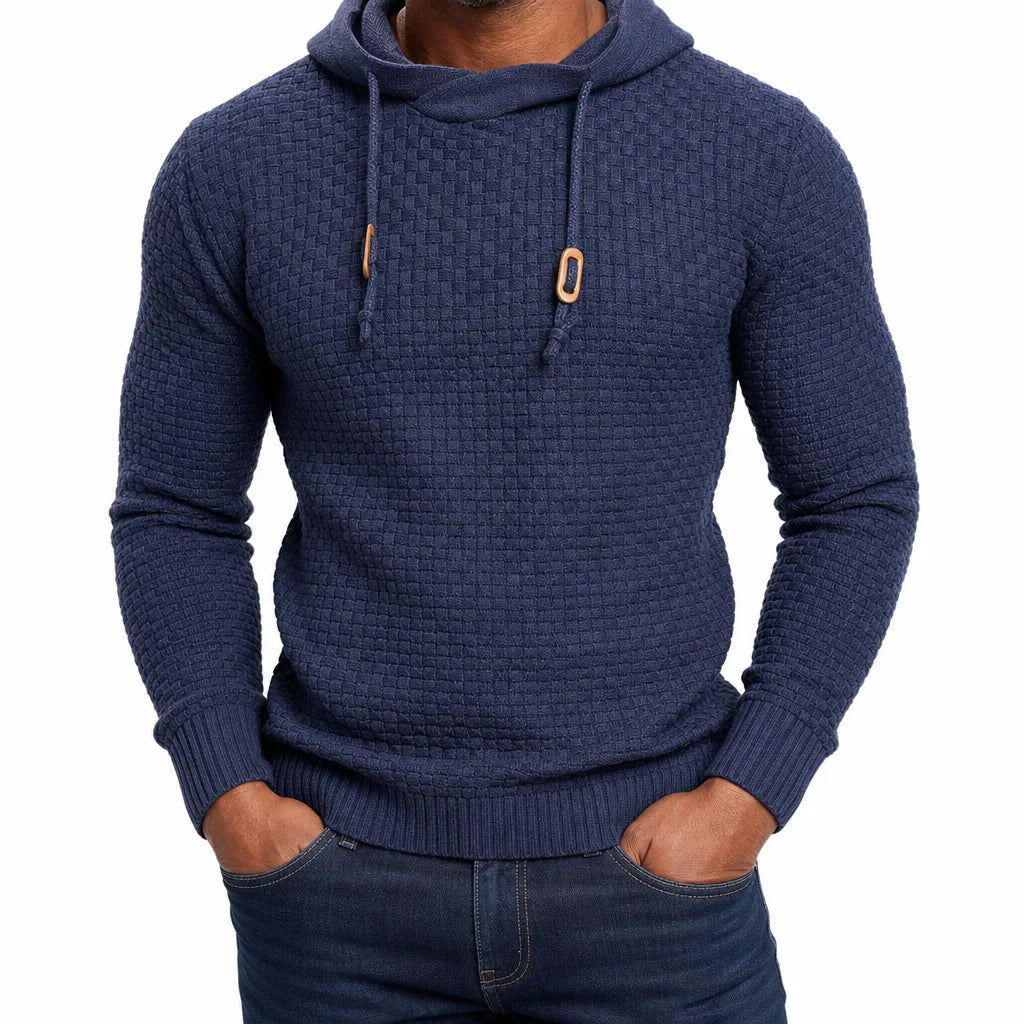 Men's Hooded Textured Sweater with Drawstring Neck - Blue