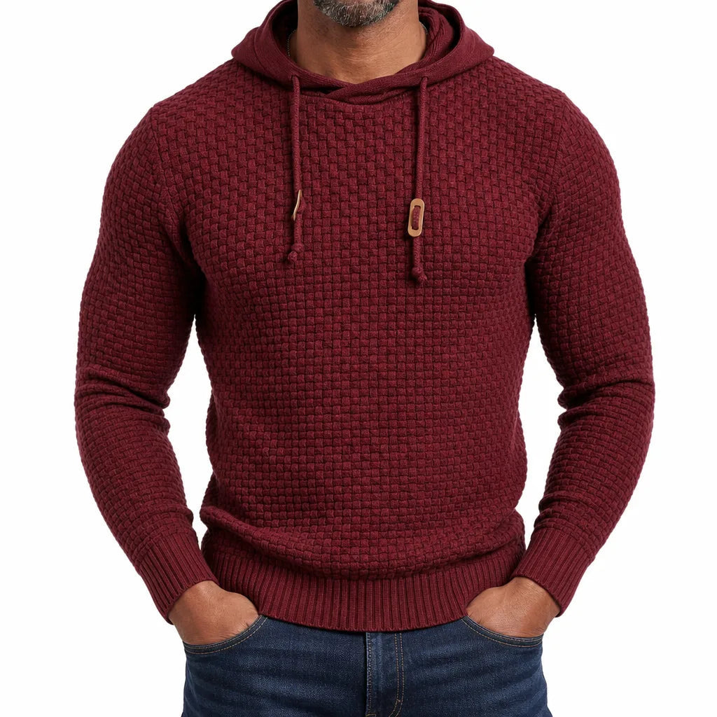 Men's Hooded Textured Sweater with Drawstring Neck - Red