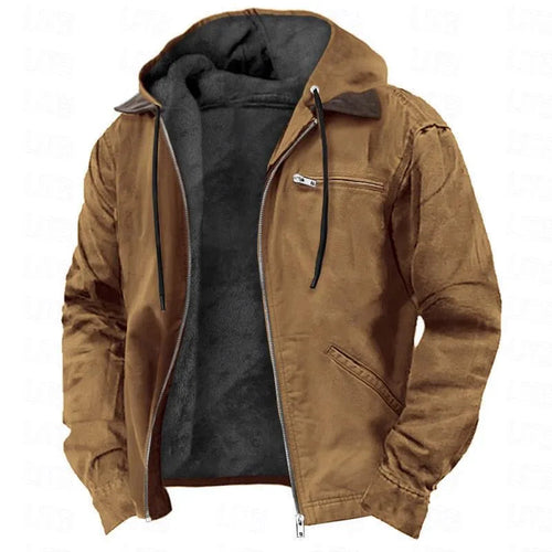 Men's Hooded Zip Jacket with Contrast Inner Panel - Brown