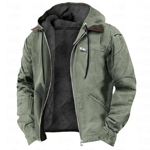 Men's Hooded Zip Jacket with Contrast Inner Panel - Army Green