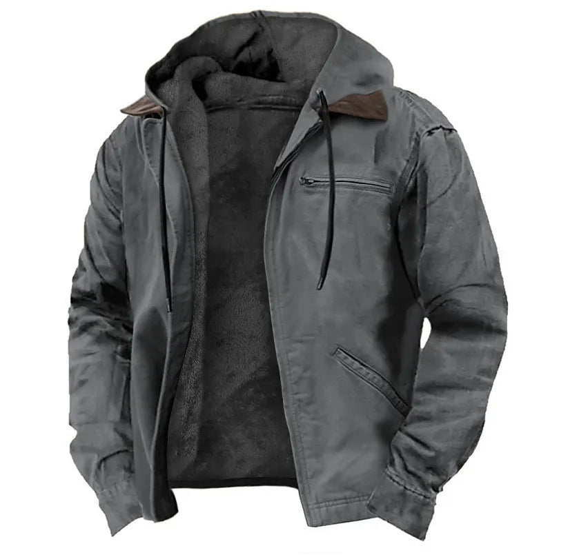 Men's Hooded Zip Jacket with Contrast Inner Panel - Gray