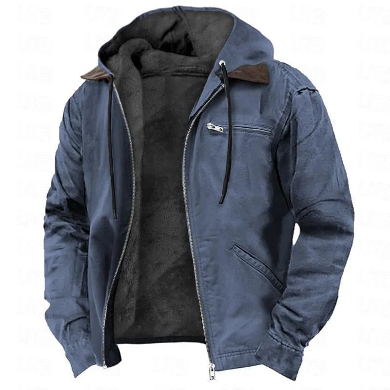 Men's Hooded Zip Jacket with Contrast Inner Panel - Blue