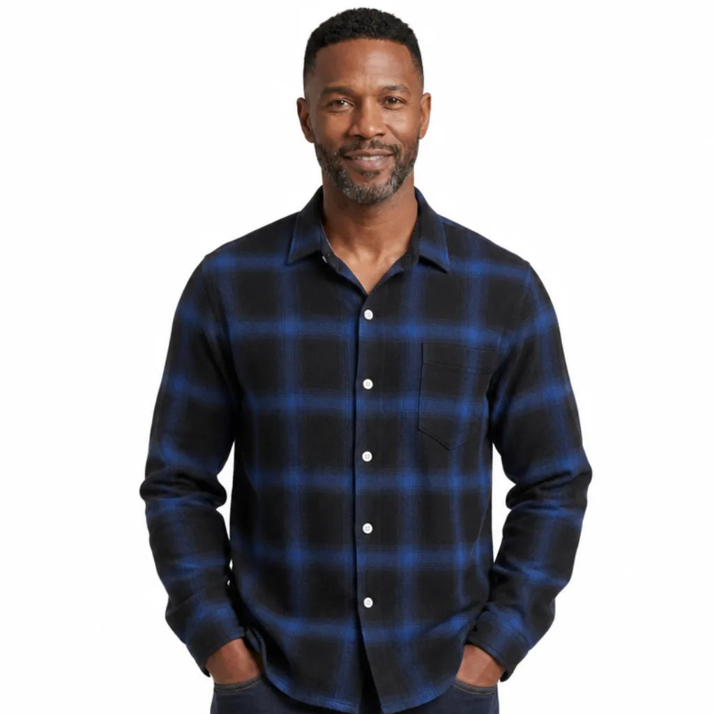 Men's Large Check Shirt with Long Sleeves and Buttons - Blue