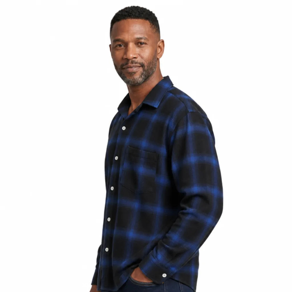 Men's Large Check Shirt with Long Sleeves and Buttons - Blue