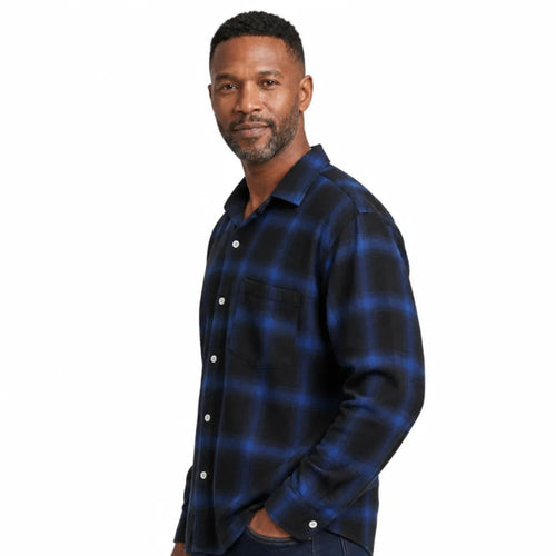 Men's Large Check Shirt with Long Sleeves and Buttons - Blue