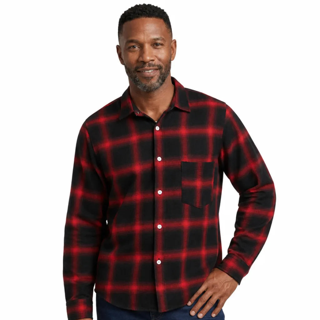 Men's Large Check Shirt with Long Sleeves and Buttons - Red