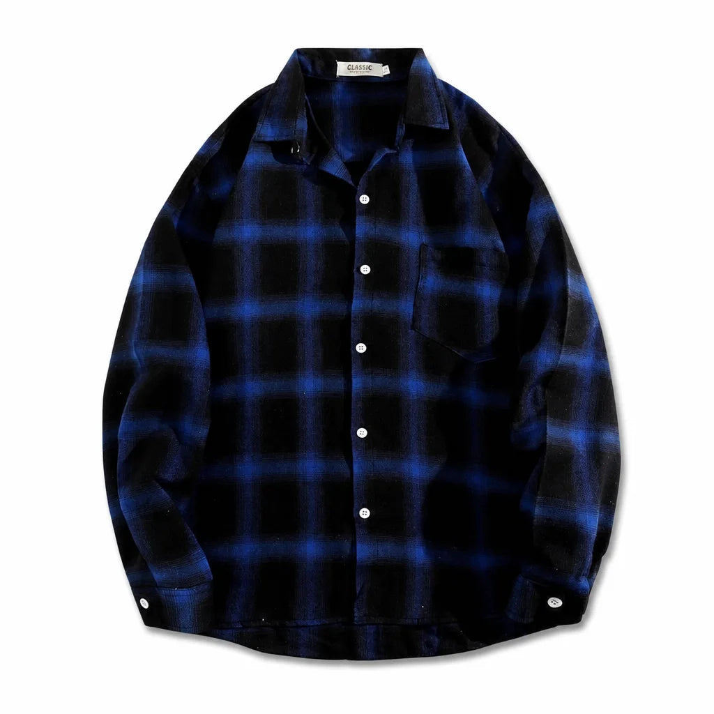 Men's Large Check Shirt with Long Sleeves and Buttons - Blue