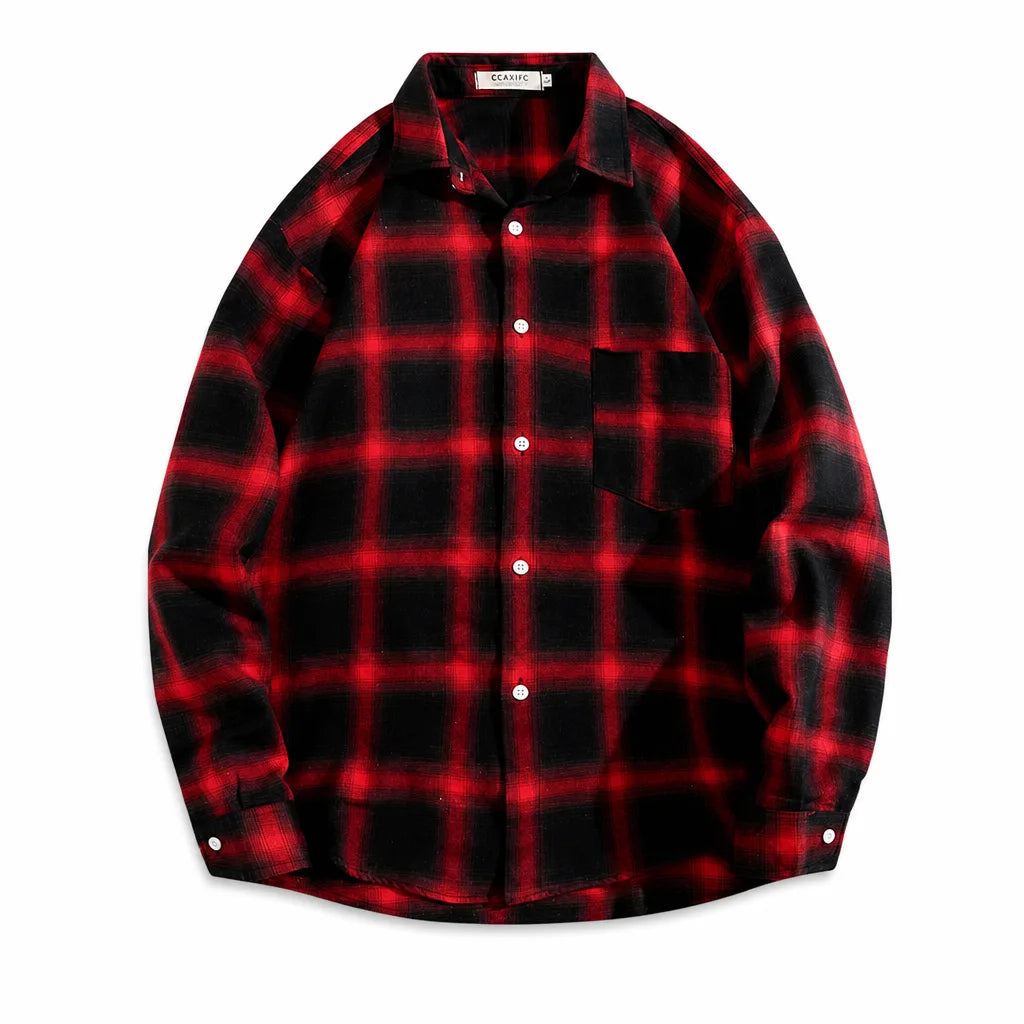 Men's Large Check Shirt with Long Sleeves and Buttons - Red
