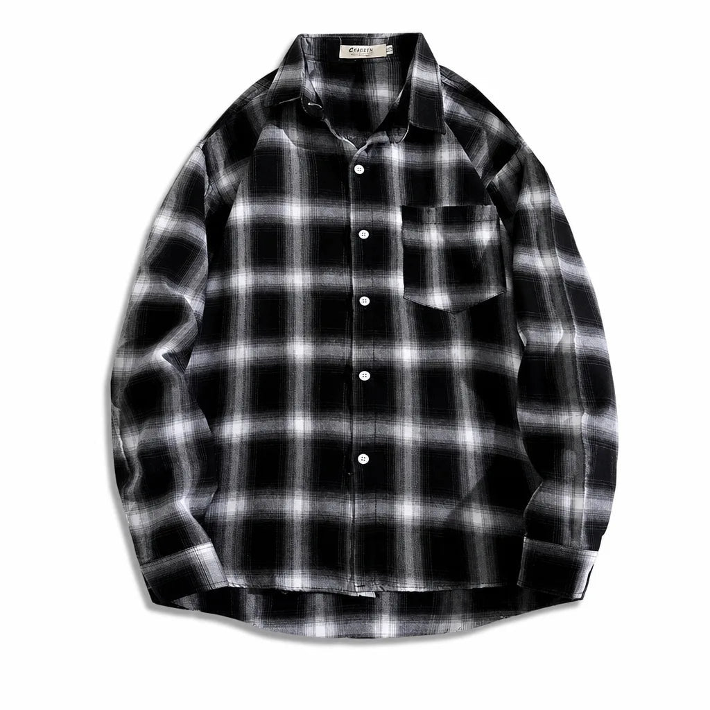 Men's Large Check Shirt with Long Sleeves and Buttons - Black