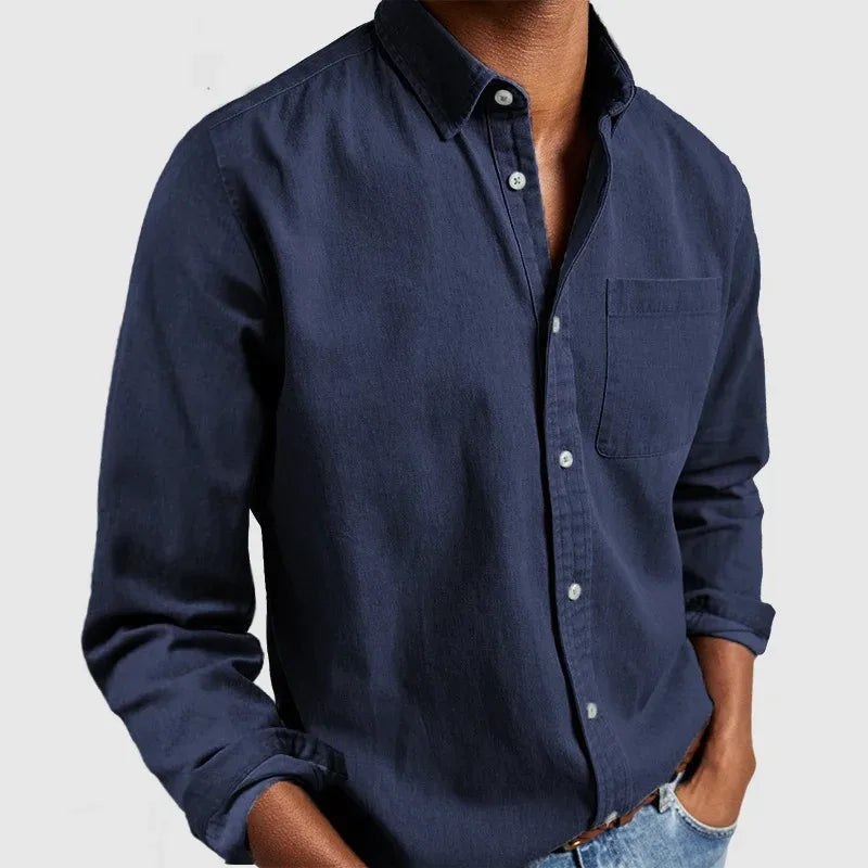 Men's Long Sleeve Button Shirt with Chest Pocket - Navy Blue