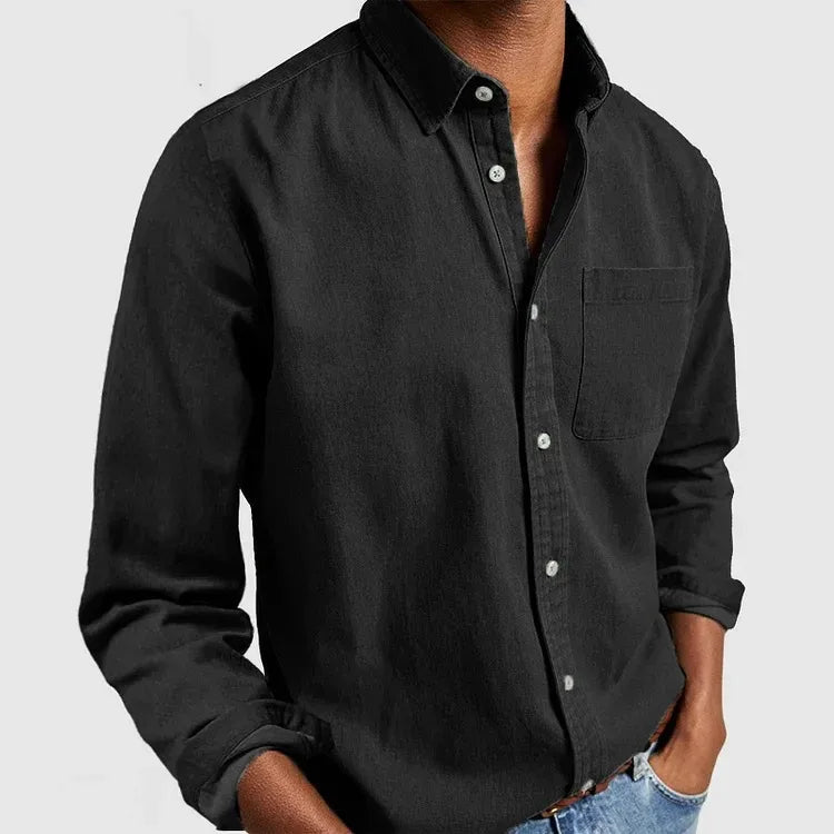 Men's Long Sleeve Button Shirt with Chest Pocket - Black