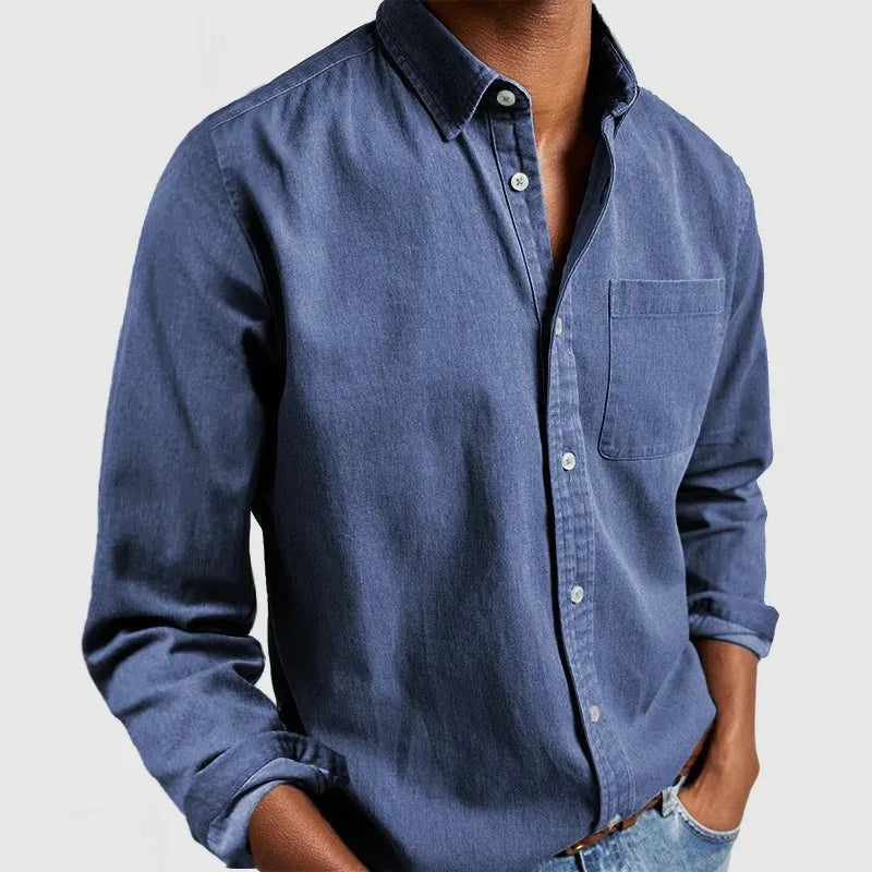 Men's Long Sleeve Button Shirt with Chest Pocket - Blue