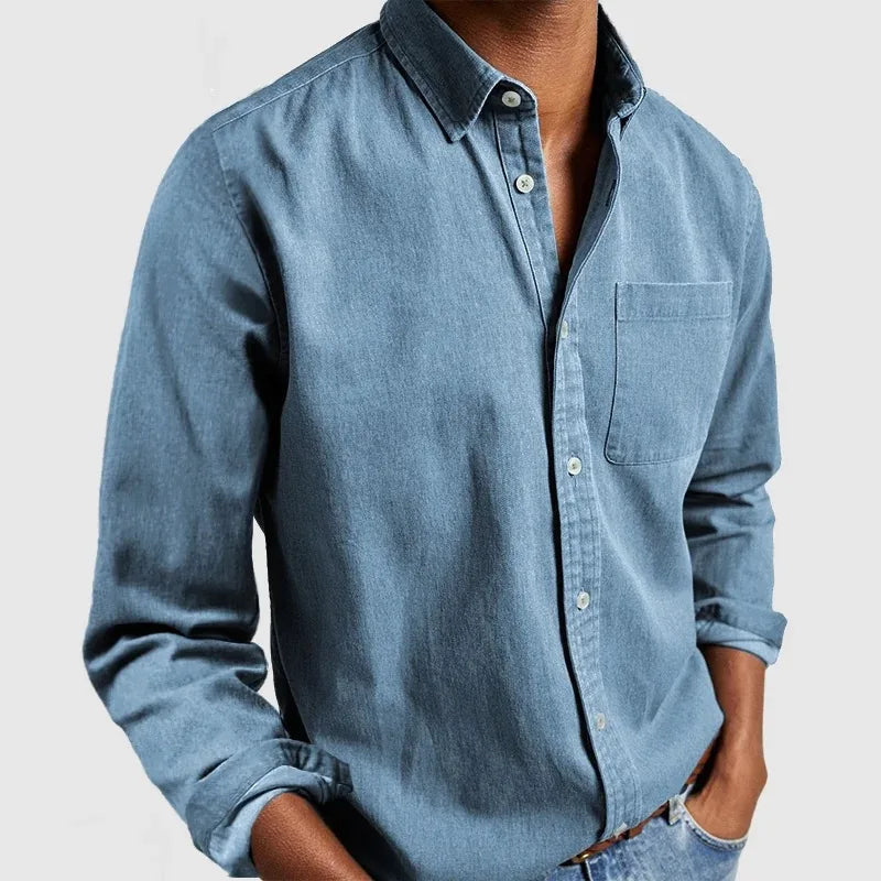 Men's Long Sleeve Button Shirt with Chest Pocket - Sky Blue