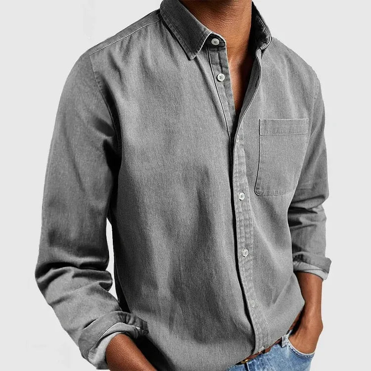 Men's Long Sleeve Button Shirt with Chest Pocket - Gray