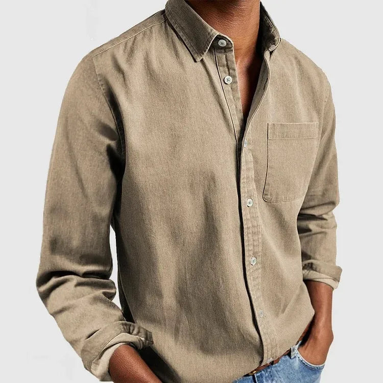 Men's Long Sleeve Button Shirt with Chest Pocket - Khaki