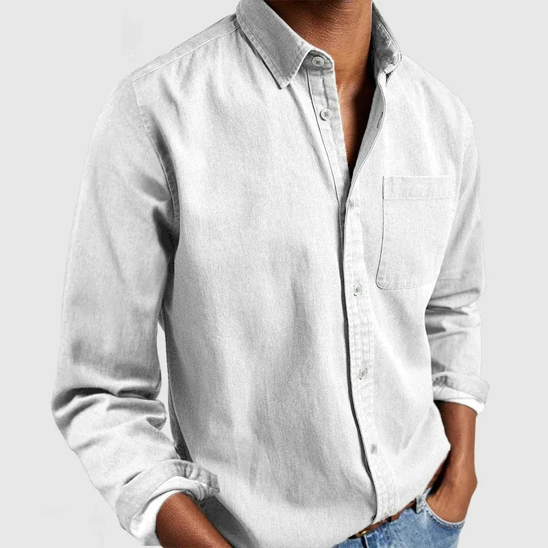 Men's Long Sleeve Button Shirt with Chest Pocket - White