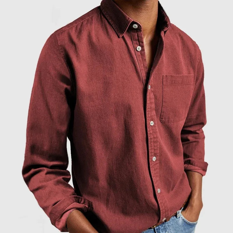 Men's Long Sleeve Button Shirt with Chest Pocket - Red