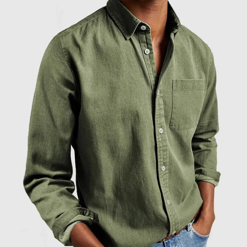 Men's Long Sleeve Button Shirt with Chest Pocket - Green