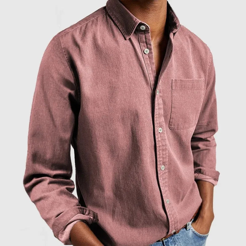 Men's Long Sleeve Button Shirt with Chest Pocket - Pink