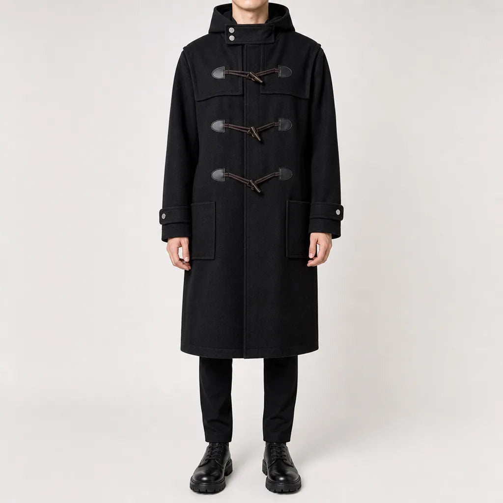 Men's Long Toggle Front Coat with Stand Collar - Black