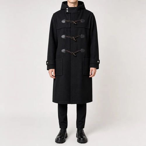 Men's Long Toggle Front Coat with Stand Collar - Black