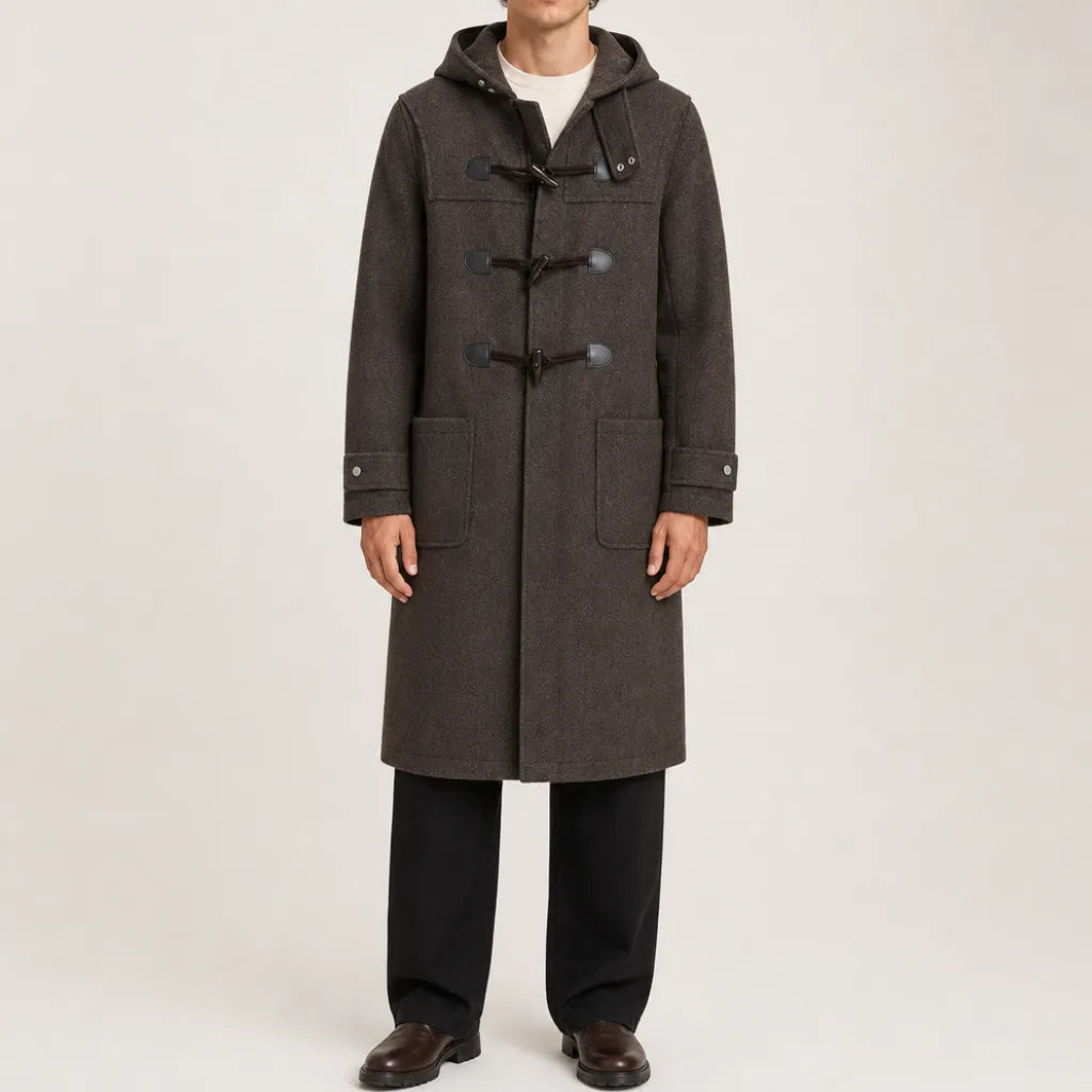Men's Long Toggle Front Coat with Stand Collar - Brown